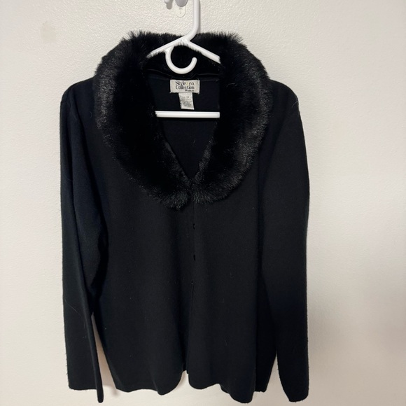 Style & Co. Black Cardigan with Faux Fur Collar - Picture 1 of 6
